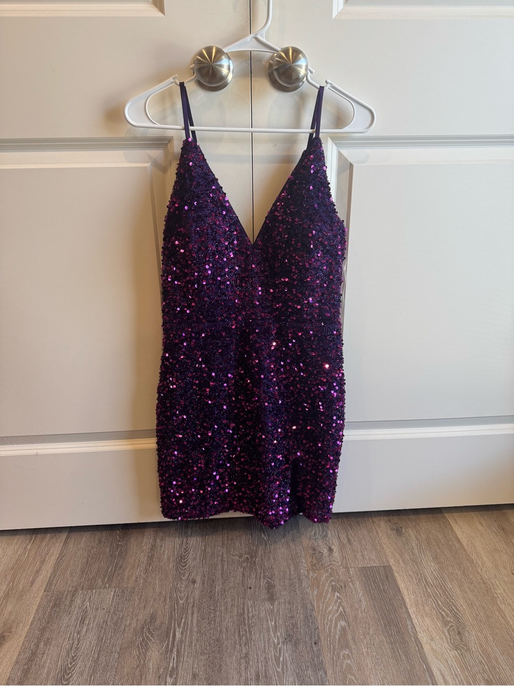 Sequined V-Neck Spaghetti Strap Mini Dress in Deep Purple